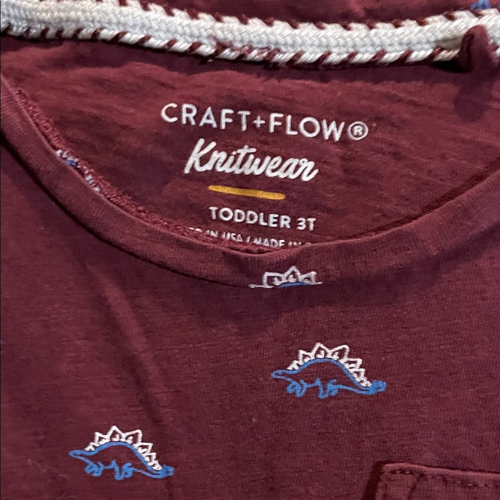 Craft + Flow Toddler Long Sleeve Shirt - Burgundy with Blue Dinosaurs